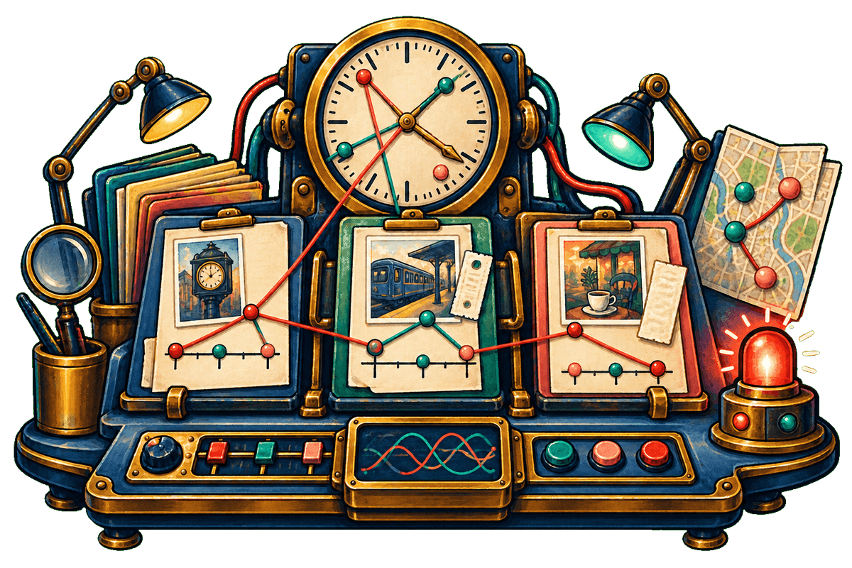 An investigation console comparing case files, a clock, a receipt, a ticket, and map evidence