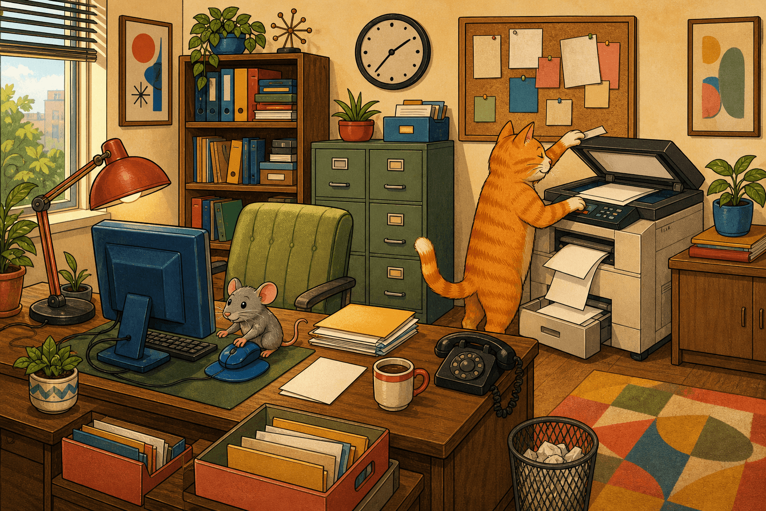 A richly detailed warm office with a desk, shelves, copier, filing cabinet, plants, clock, phone, and many small details to inspect.
