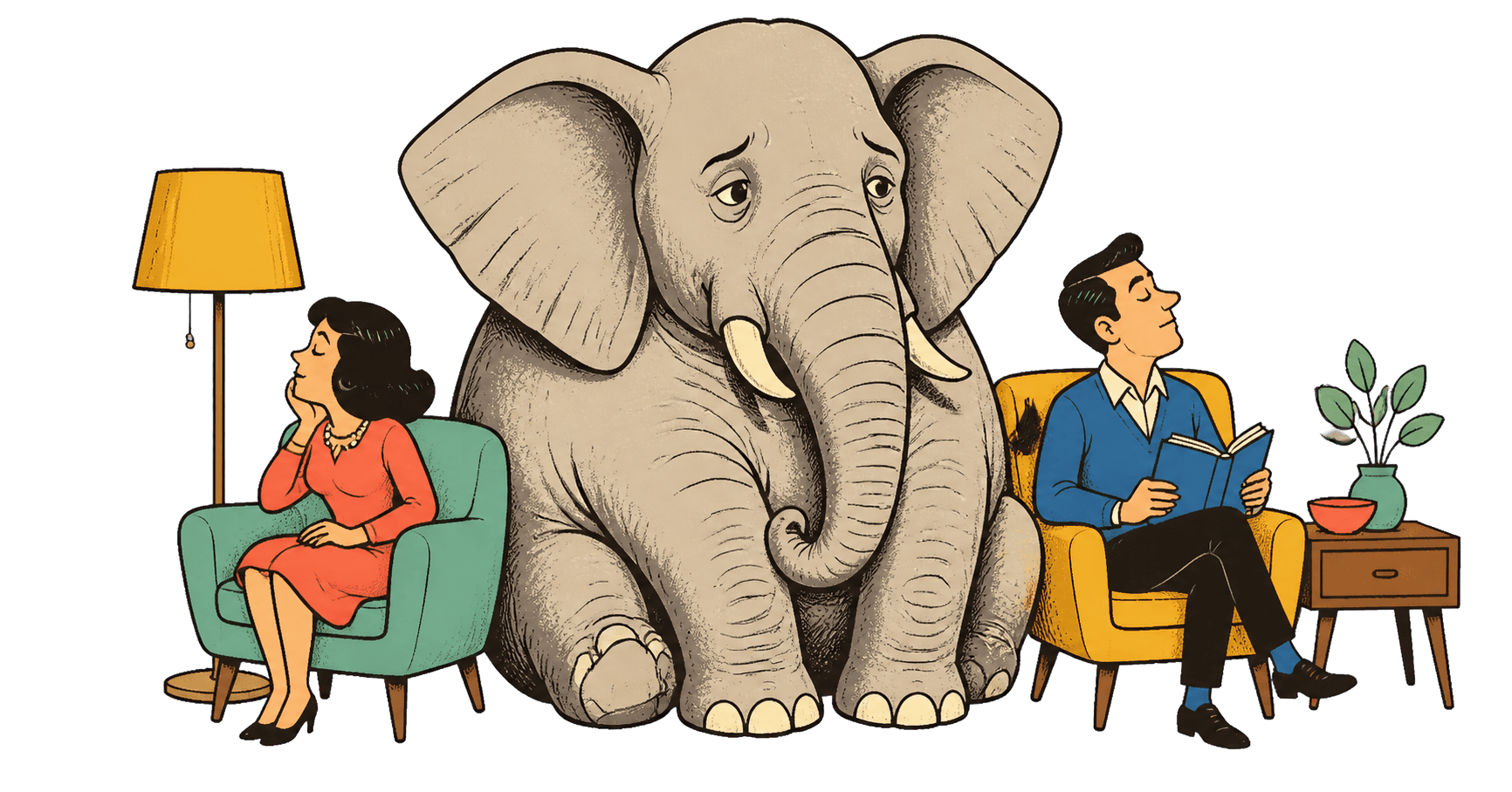 An elephant sits between two people in a living room while they look away.