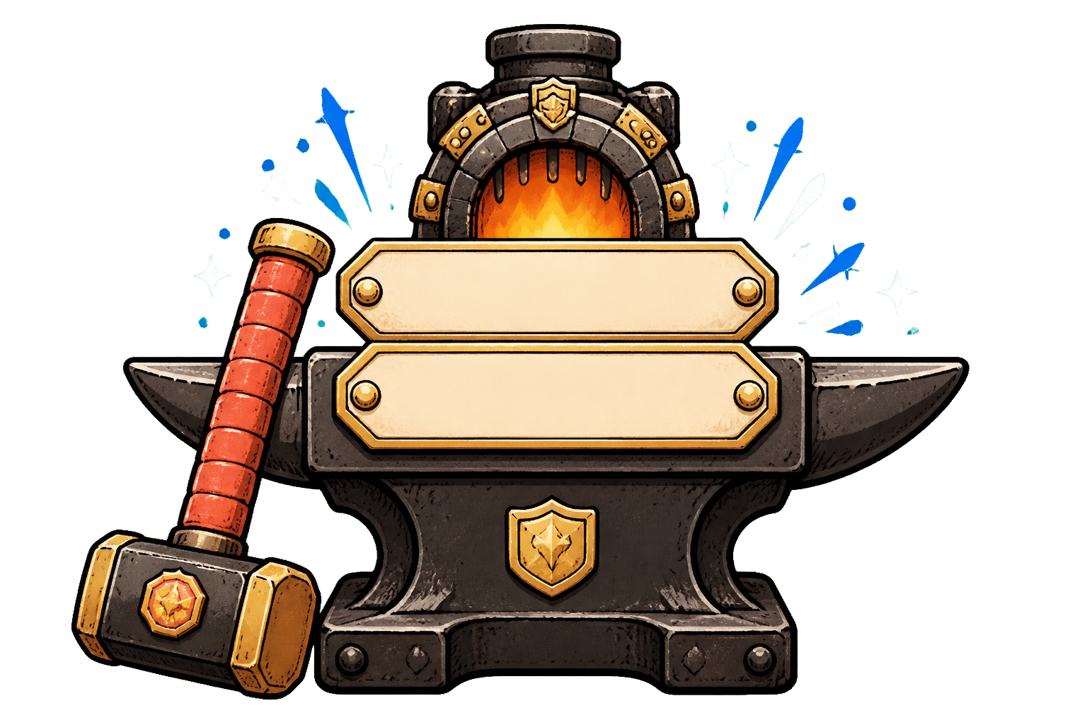 A glowing word forge with two blank metal plates and a hammer.